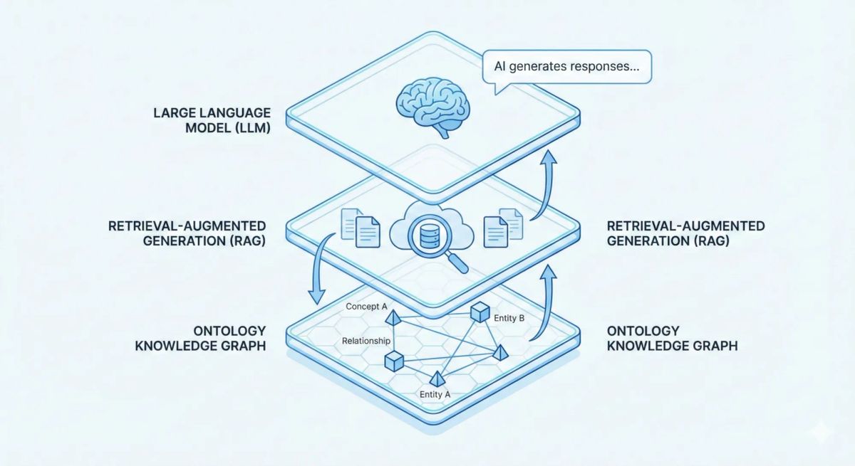 LLM, RAG, 온톨로지가 결합된 AI 구조를 설명하는 인포그래픽 이미지로, 검색 기반 생성과 지식 그래프가 연결된 개념도