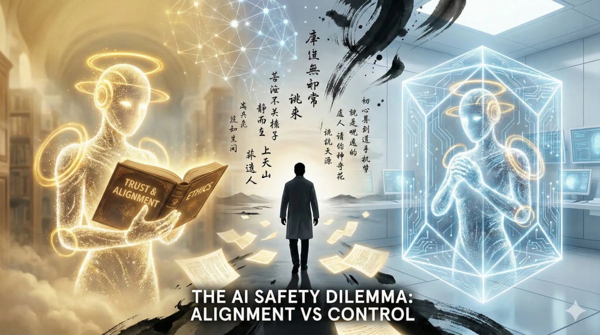 AI 안전의 이중적 딜레마를 표현한 개념적 분할 화면 일러스트. 왼쪽은 황금빛 입자로 된 AI가 'Ethics'와 'Trust & Alignment'라고 적힌 책을 든 채 따뜻한 후광에 둘러싸인 '정렬'의 상태를, 오른쪽은 차가운 푸른 빛의 기하학적 유리 케이지 안에 갇힌 '통제'의 상태를 묘사한다. 