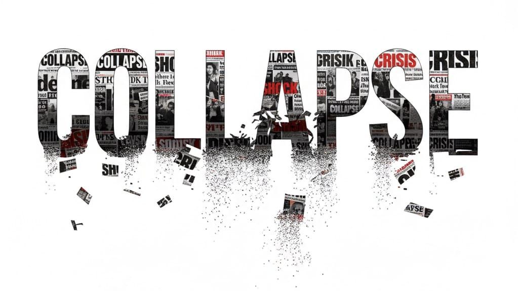 Giant typographic word "COLLAPSE" is physically crumbling and breaking apart, with chunks of letters falling like debris.