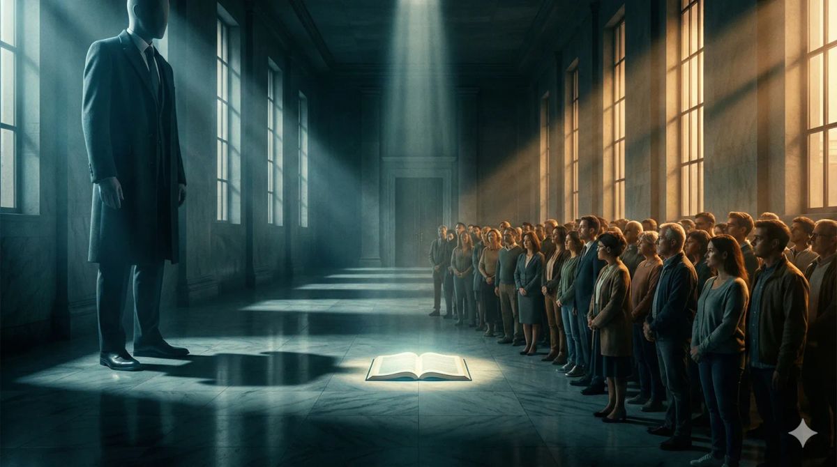 거대한 법정 복도에서 얼굴 없는 거대 기업가 형상과 일반 시민 무리가 대치하는 시네마틱 이미지. 중앙 바닥에는 한 권의 법전이 빛을 받으며 펼쳐져 있고, 차가운 청색 조명과 따뜻한 금빛 조명이 양측의 대비를 극명하게 보여준다.