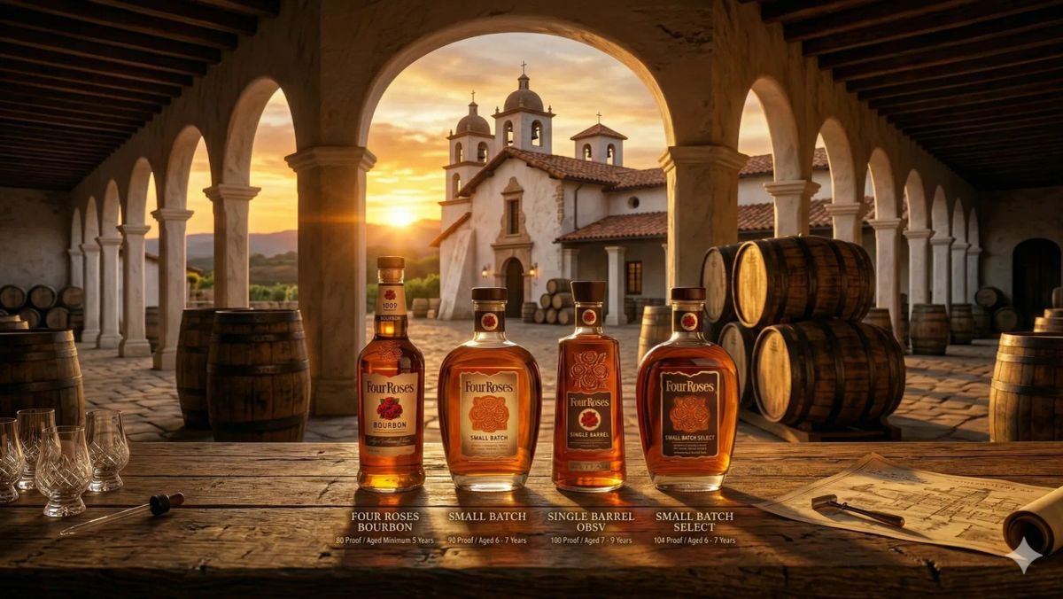 석양 아래 켄터키 증류소를 배경으로 놓인 포 로지스 버번 병과 오크 배럴, 2026년 갤로 인수 이후 새로운 시대를 상징하는 이미지