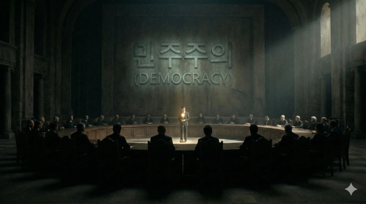 거대하고 어두운 석조 회의장 중앙의 원형 테이블 주변으로 수십 명의 사람들이 앉아 있다. 오직 한 사람이 중앙의 마이크 앞에 서서 스포트라이트를 받고 있으며, 그의 뒤편 거대한 벽에는 '민주주의 (DEMOCRACY)'라는 글자가 새겨져 있다.