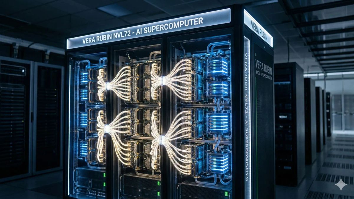 엔비디아 베라 루빈 NVL72 랙과 HBM4 메모리, NVLink로 연결된 차세대 AI 데이터센터 서버를 표현한 이미지