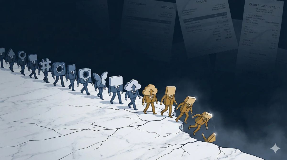 클라우드, 해시태그 등 기하학적 기호의 머리와 수트를 입은 형체들이 일렬로 행진하며 절벽 끝에서 무력하게 떨어지고 있다. 바닥인 대리석에는 균열이 가 있고, 배경의 어둠 속에는 희미한 구독 영수증과 청구서들이 유령처럼 떠다니며 '구독 경제의 종말' 혹은 'SaaS 피로도'라는 비판적 메시지를 전달한다.