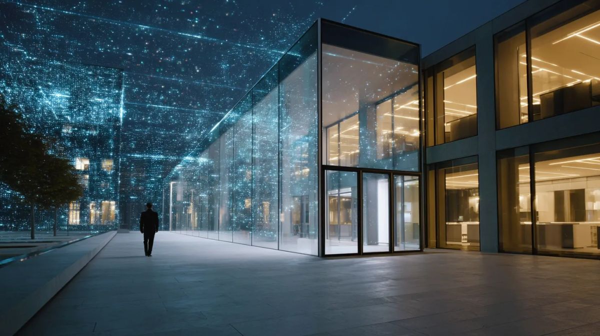 수천 개의 AI 데이터 스트림이 기업 뉴스룸 건물을 관통하는 가운데 입구를 향해 걷는 인간 방문객 한 명