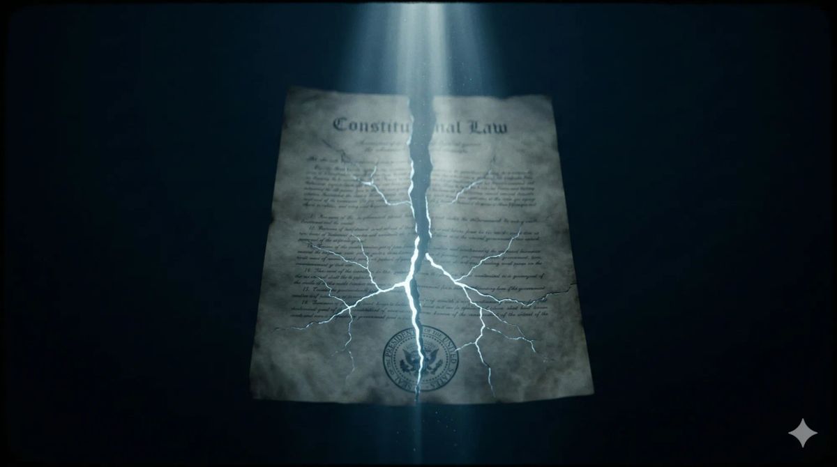어두운 배경에 떠 있는, 중앙이 밝은 푸른색 빛을 내는 균열로 세로로 갈라진 낡은 양피지 문서. "Constitutional Law"라는 제목과 희미한 법문이 보이며, 하단의 대통령 인장이 빛나는 균열에 의해 두 동강 나 있다. 위에서 내려오는 강렬한 푸른 빛줄기가 균열을 통해 쏟아진다.