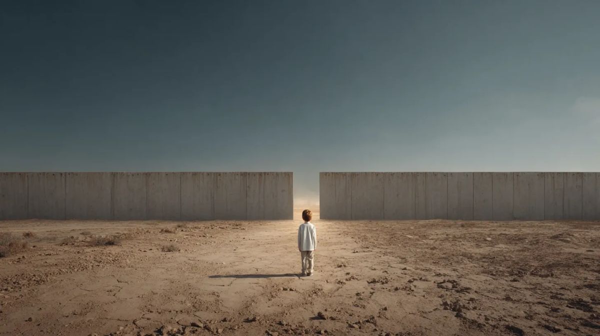 가뭄으로 갈라진 땅 위에 홀로 서 있는 아이 뒤로, 콘크리트 벽의 틈 사이로 산불 불빛과 홍수가 밀려드는 상징적 장면