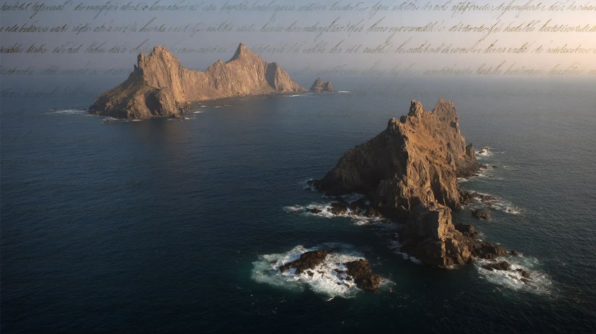 Dokdo islets, East Sea at dawn — archival overlay evoking Japan's 1877 state document excluding Dokdo from its domain.