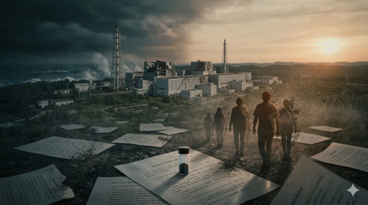 분할된 하늘 아래 폐허가 된 후쿠시마 원전 주변 항공 뷰. 흩어진 문서와 작은 유리 병, 입자로 용해되며 멀어지는 피난민 실루엣들이 걸어가고 있다.