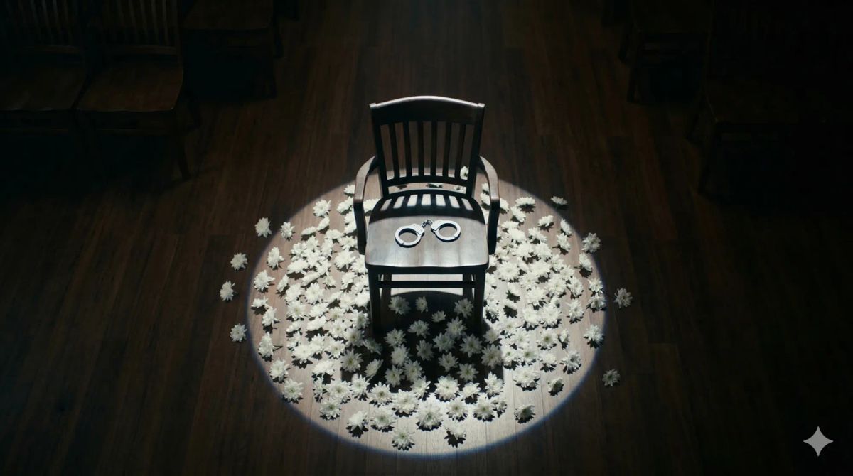 어두운 방 중앙, 원형 스포트라이트가 비추는 나무 의자. 의자 위에는 은색 수갑이 놓여 있고, 바닥 조명 원 안에는 159개 흰 국화가 가득하다. 