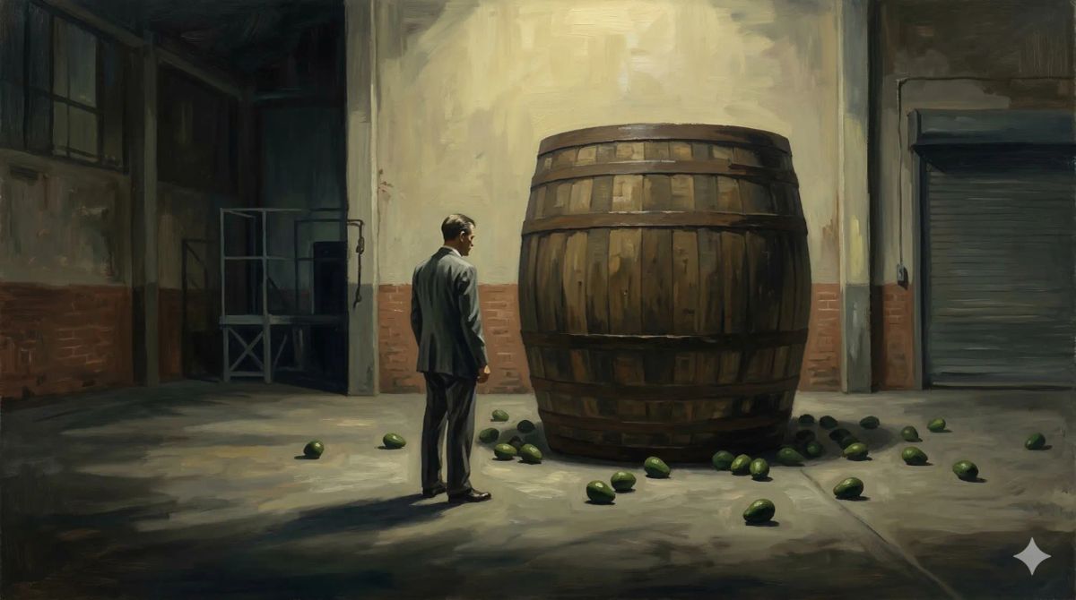 에드워드 호퍼 스타일의 유화. 거대한 나무 오크통 앞에 선 정장 차림의 남자. 창고 바닥에 흩어진 아보카도들과 위에서 떨어지는 창백한 노란 조명이 긴 그림자를 만들며 정적이고 기념비적인 고독의 분위기를 묘사함.