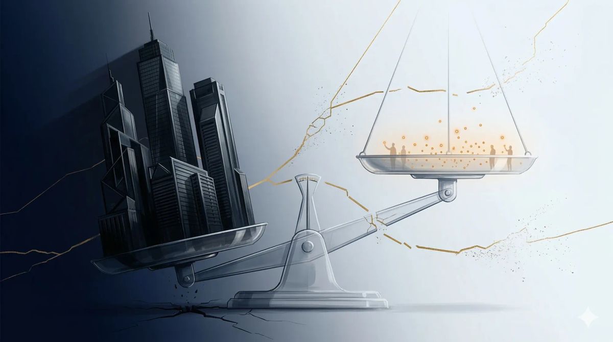 large, tilted justice scale weighted by a dark cluster of skyscrapers on the left and a floating glowing sphere with small people on the right. The background is split by cracked gold lines.