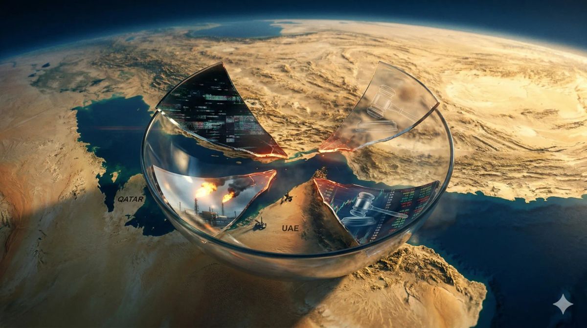 지구 곡면 중동 지역 위에 떠 있는, 네 개의 깨진 조각으로 이루어진 투명 유리 그릇의 궤도 뷰. 불타는 듯한 주황색 균열이 조각들을 연결하며 호르무즈 해협 위에 있다. 각 조각은 디지털 코드, 불타는 산업 단지, 법 가벨, 금융 차트 이미지를 포함한다. 지명 라벨 "QATAR" 및 "UAE"가 보인다.