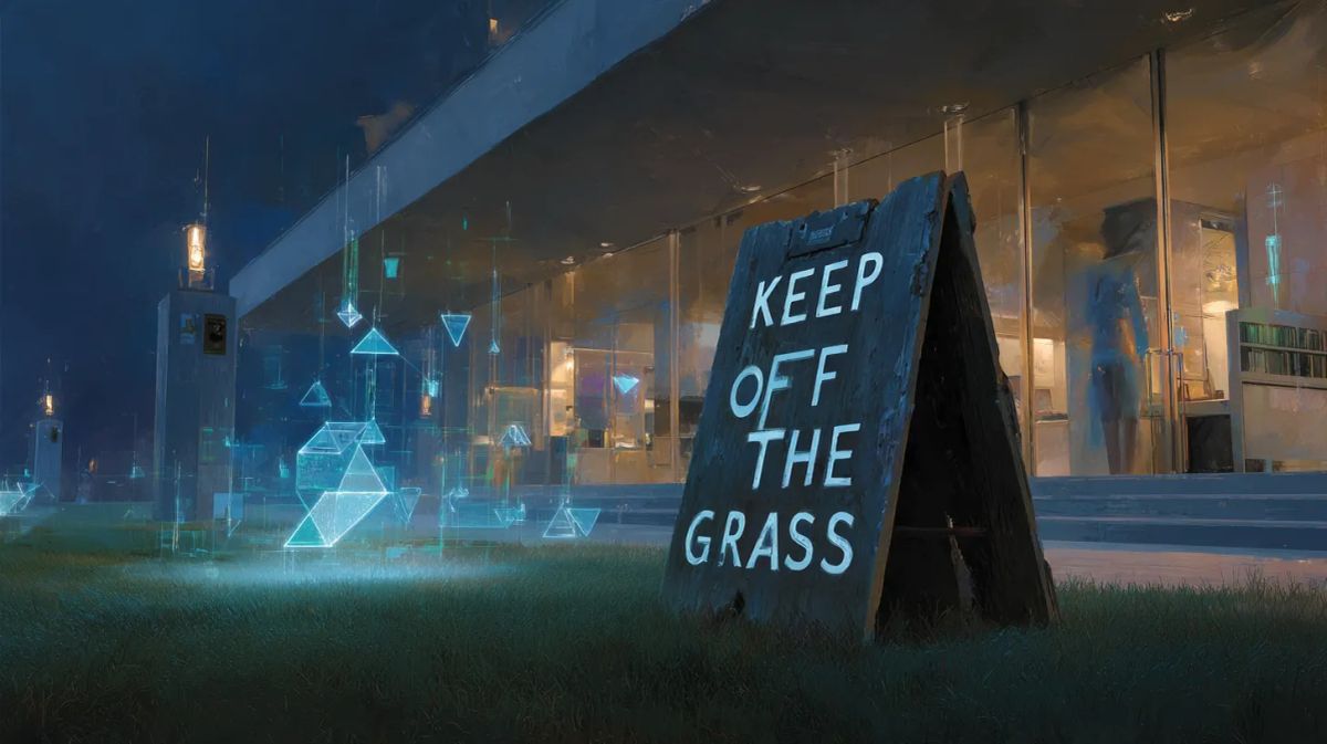 AI 봇이 robots.txt 표지판을 무시하고 기업 뉴스룸 건물을 통과하는 에디토리얼 이미지