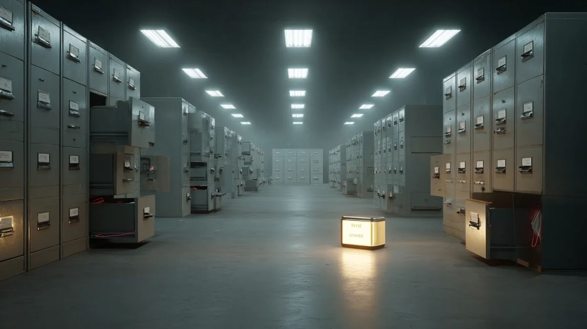 정부 기록 보관실에서 USB 드라이브로 빨려 들어가는 디지털 데이터 흐름을 시각화한 편집 일러스트레이션. DOGE-SSA 데이터 유출 스캔들 히어로 이미지.