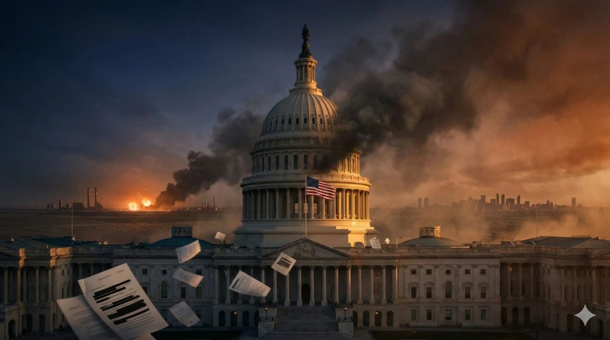 황혼 무렵, 미국 국회의사당 건물 뒤로 짙은 연기가 피어오르고 있으며, 한쪽은 따뜻한 황금빛으로, 다른 쪽은 불타는 듯한 주황색 하늘과 대조를 이룹니다. 전경에는 기밀 처리된 검은색 표시가 있는 문서들이 바람에 흩날리고, 먼 배경에는 중동 사막 지평선의 산업 시설에서 폭발이 일어나는 모습이 보입니다.