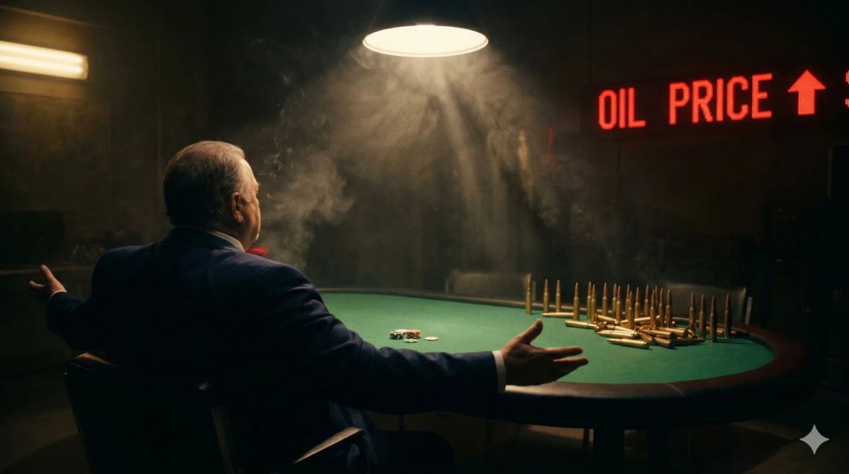 어두운 전쟁실, 단 하나의 스포트라이트 아래 뒷모습을 보이며 앉아 양팔을 넓게 벌리고 있는 남성의 영화 같은 사진. 그는 감색 양복을 입고 녹색 포커 테이블에 앉아 있으며, 그의 앞에는 단 몇 개의 포커 칩만이 흩어져 있다.