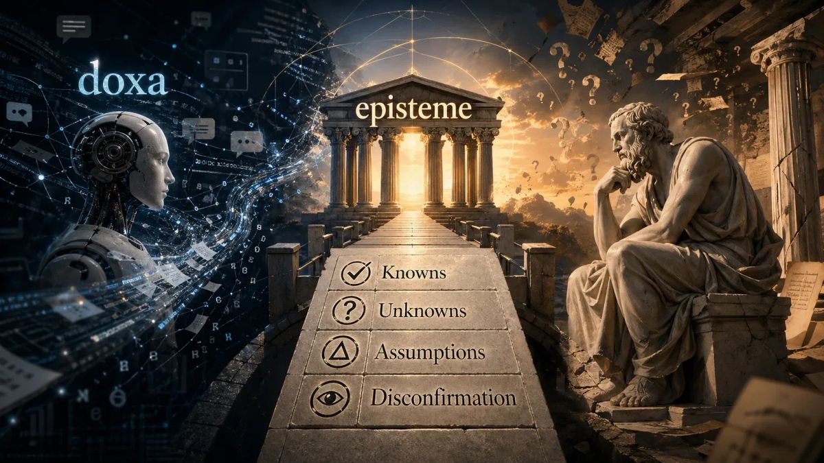 AI 로봇과 고대 철학자 조각상이 마주 보는 16:9 콘셉트 이미지. 중앙의 고대 신전에는 episteme가, 왼쪽 디지털 공간에는 doxa가 표시되어 있으며, 돌다리에는 Knowns, Unknowns, Assumptions, Disconfirmation 네 항목이 새겨져 있다.