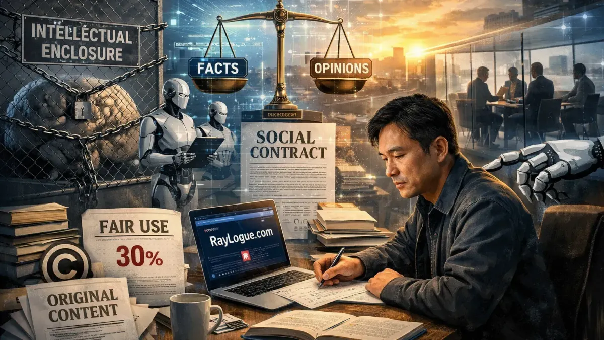 책상에 앉아 글을 쓰는 창작자, 주변의 AI 로봇과 저작권 문서, 저울, 계약서, 도시 풍경이 함께 배치되어 인간의 사유와 AI 활용의 규범적 긴장을 보여주는 16:9 현실적 이미지.