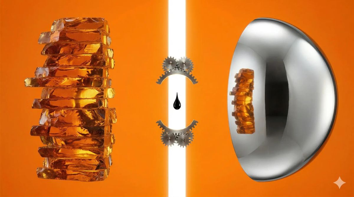 왼쪽엔 울퉁불퉁한 호박색 지층 기둥, 오른쪽엔 그것을 매끈하게 반사하는 은색 곡면. 그 사이 순백의 틈새에서 기어가 맞물리고, 잉크 한 방울이 낙하 중 정지해 있다. 완고한 사실과 AI 처리의 마찰을 표현한 추상 이미지.