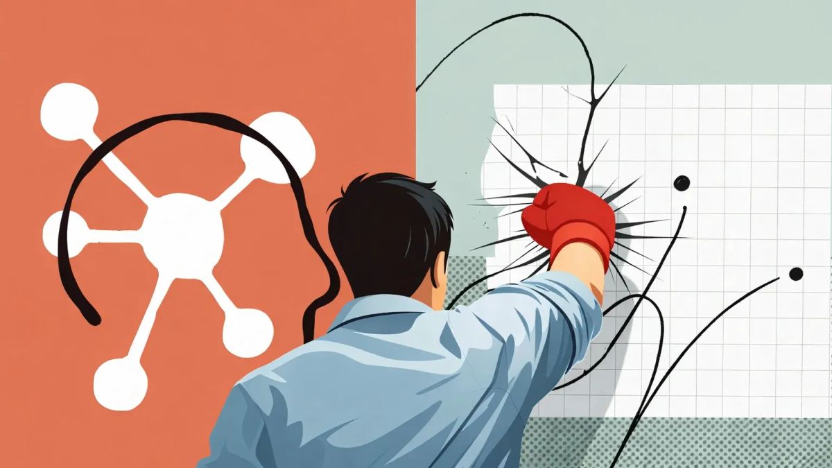 앤트로픽 발표문의 추상적 도식 위로, 한 인물의 뒷모습이 주먹을 날리며 비용과 성능의 긴장을 상징적으로 드러낸 이미지