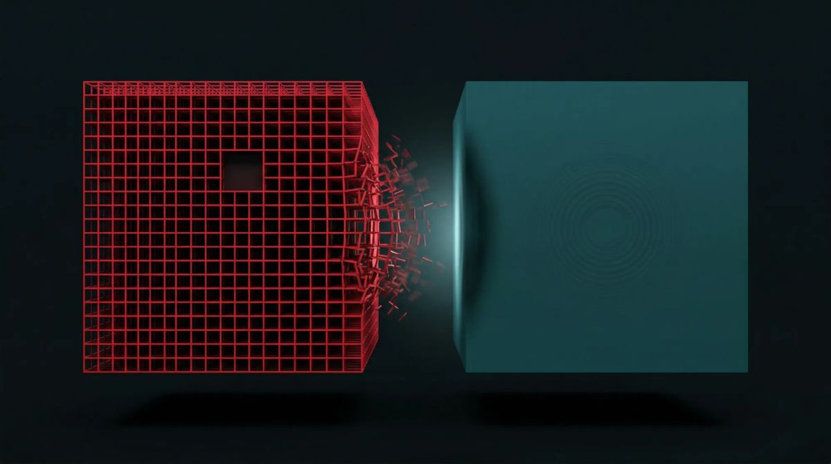 편집 격자(빨강)와 주권 매스(청록)가 검정 배경 위에서 중앙의 붕괴하는 경계선을 사이에 두고 압박하는 추상 구성. CNN 도하 스튜디오의 편집 독립 문제를 시각화한 이미지.