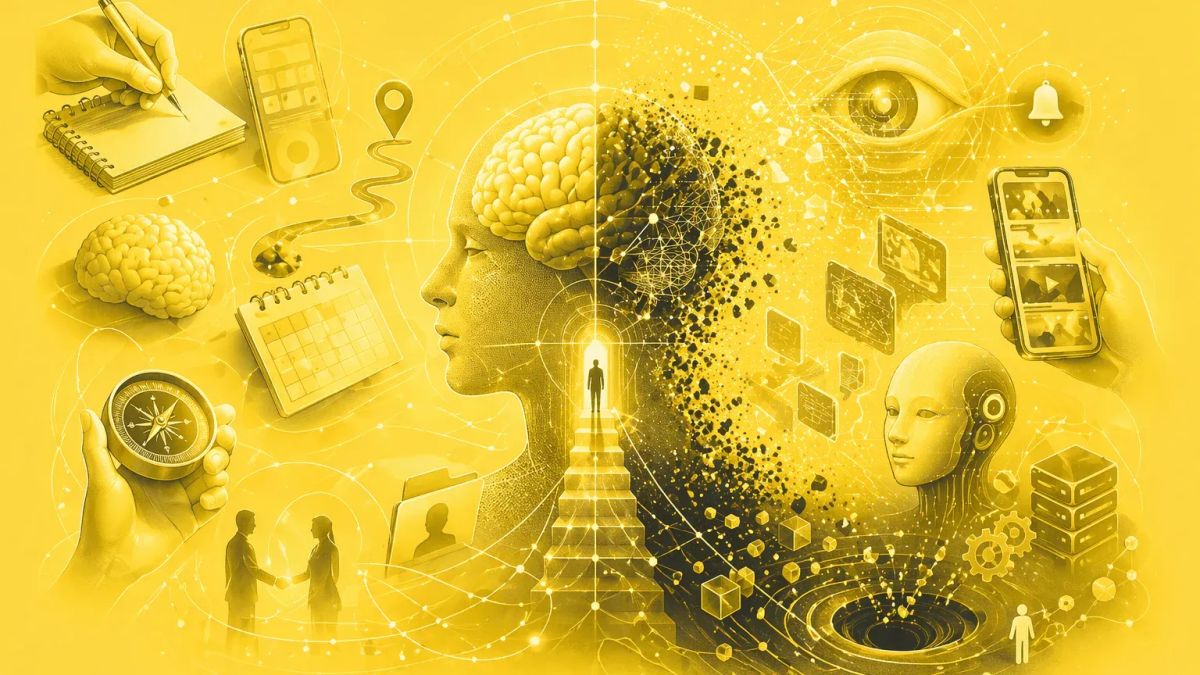 레몬색 배경 위에 중앙의 인간 옆얼굴과 뇌를 중심으로 노트, 스마트폰, 지도 핀, 달력, 나침반, 악수하는 인물, 알림 아이콘, 영상 피드, 로봇형 AI, 데이터 큐브, 검은 소용돌이가 복합적으로 연결되어 있으며, 왼쪽은 인지 확장 도구를, 오른쪽은 플랫폼의 포획과 분해를 상징하는 이미지.