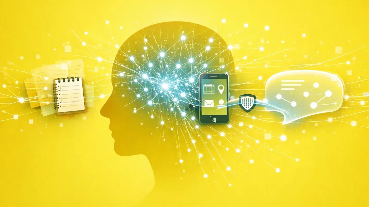 레몬 옐로 배경 위에 사람 머리 실루엣이 있고, 머릿속의 밝은 신경망이 왼쪽 노트와 오른쪽 스마트폰·AI 말풍선 인터페이스로 이어지며, 연결 지점에 작은 방패 아이콘이 놓인 개념 일러스트.