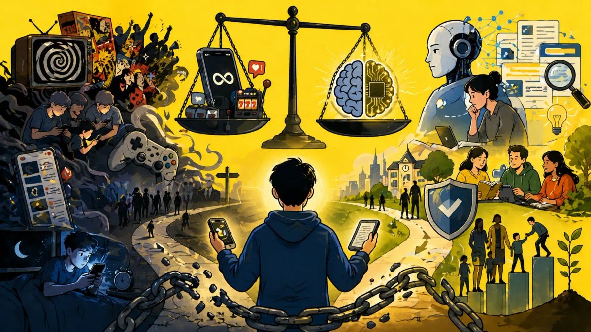 중앙의 인물이 스마트폰과 문서를 들고 갈림길 앞에 서 있으며, 왼쪽에는 무한 스크롤, 보상 장치, 게임 컨트롤러, 수면 방해, 스마트폰에 몰입한 사람들, 오른쪽에는 AI, 뇌와 회로, 돋보기, 방패, 가족과 학생들이 배치되어 디지털 리터러시와 구조적 책임, 자율성 회복을 상징한다.