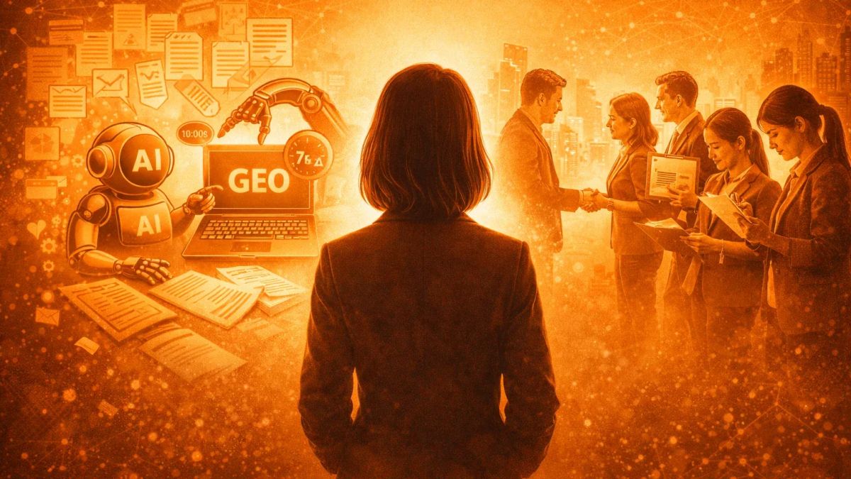 오렌지 배경 속 중앙의 여성 뒷모습을 기준으로, 왼쪽엔 빠르게 콘텐츠를 생산하는 AI, 오른쪽엔 대화하고 기록하는 사람들이 배치된 이미지.