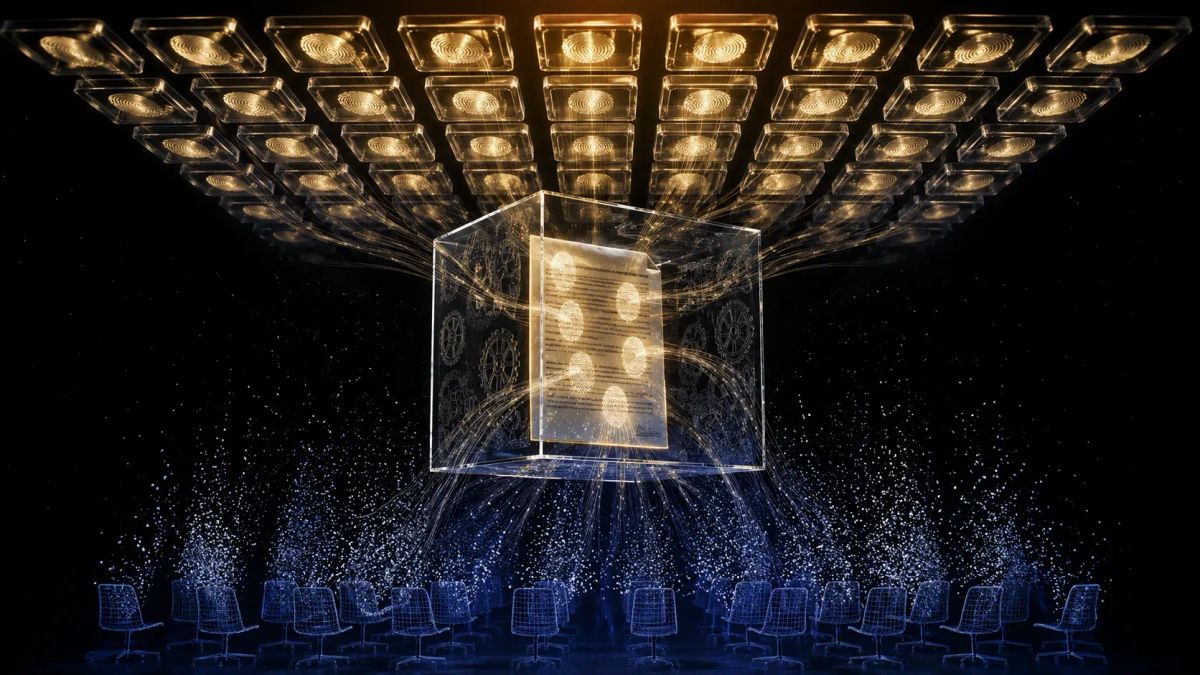 어두운 공간에 떠 있는 유리 상자 안의 문서에서 지문 형태의 빛 줄기가 흘러나와 위쪽의 실리콘 주형 격자를 채우고, 아래의 와이어프레임 의자들이 입자로 분해되어 위로 상승한다