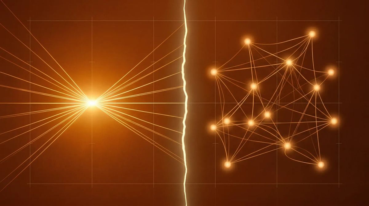 중앙 수직 균열을 경계로 왼쪽에 단일 황금빛 수렴 네트워크, 오른쪽에 불규칙한 은빛 다원 노드 망이 대비되는 추상 기하학 구성