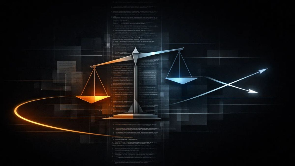 비대칭 저울과 분기하는 경로선, 법조문을 암시하는 텍스트 레이어가 겹쳐진 추상 구성. 불이익변경금지 원칙에서 검사 항소 여부에 따라 판결 결과가 달라지는 절차적 분기 구조를 시각화한 이미지.