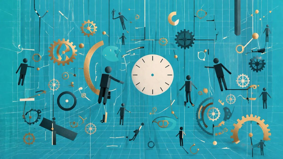 틸 배경 위에 시계 부품과 직사각형 인간 실루엣이 중력 없이 부유하는 추상 기하학 이미지. 노동시장 진입 불가 상태의 정지를 시각화.