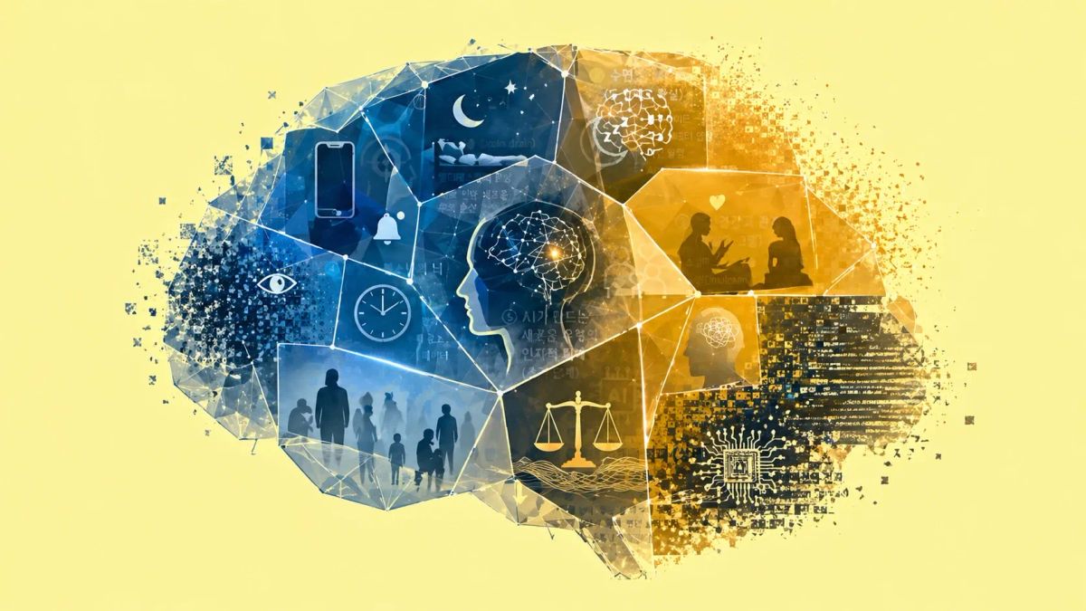 레몬색 배경 위에 스마트폰, 수면, 주의력, 관계, AI 칩, 판단의 저울을 상징하는 이미지 조각들이 반투명 기하학적 뇌 형태 안에 배치된 추상적 히어로 이미지.