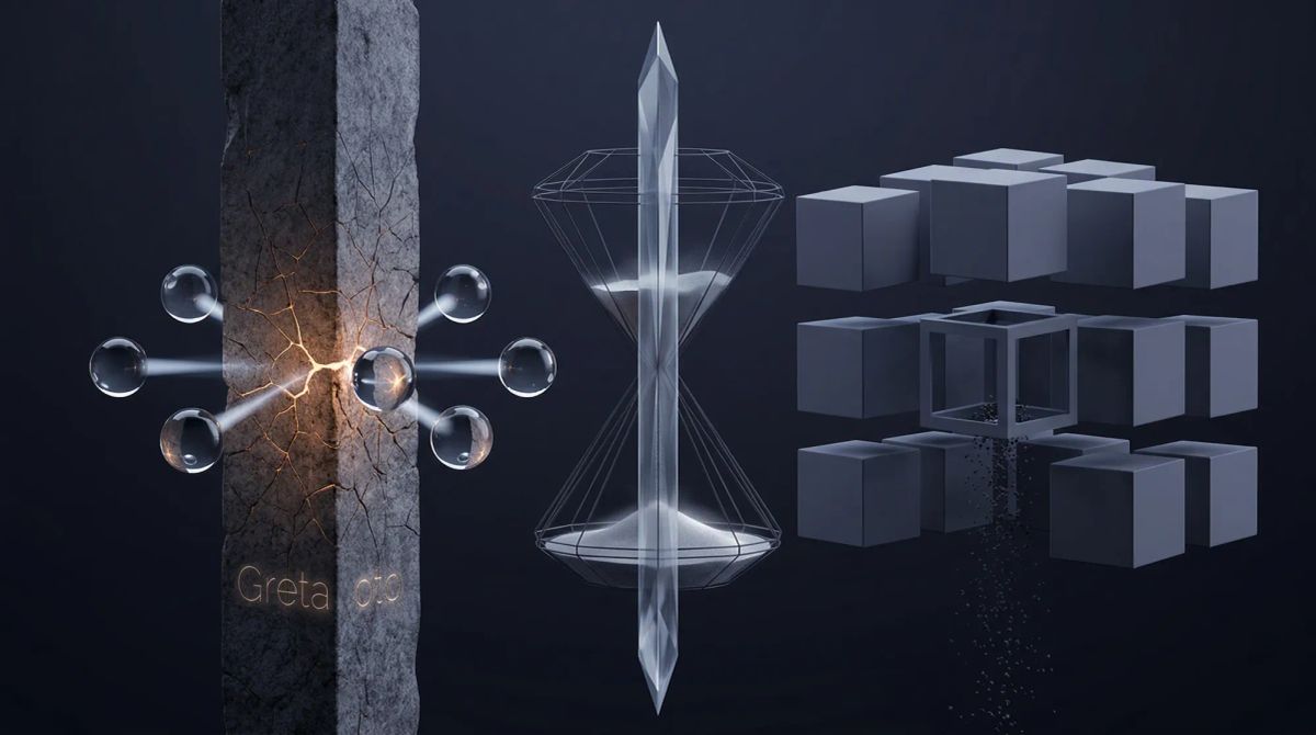 어두운 공간에서 균열 빛나는 화강암 기둥과 렌즈 구체가 왼쪽에, 속이 빈 와이어프레임 큐브에서 입자가 흘러나오는 오른쪽이 결정질 막으로 분리된 추상 구성