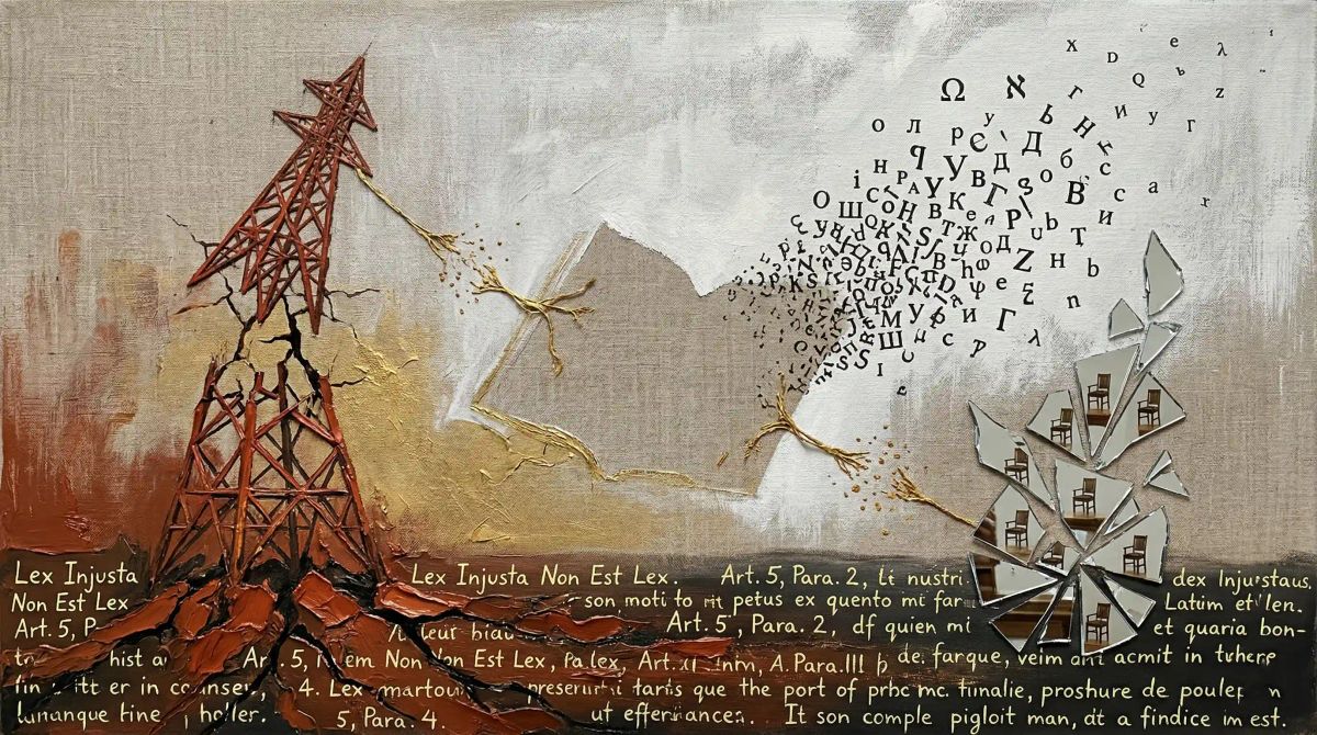 An expressionist oil painting of a massive cracked transmission tower rising from a sea of handwritten legal text. 