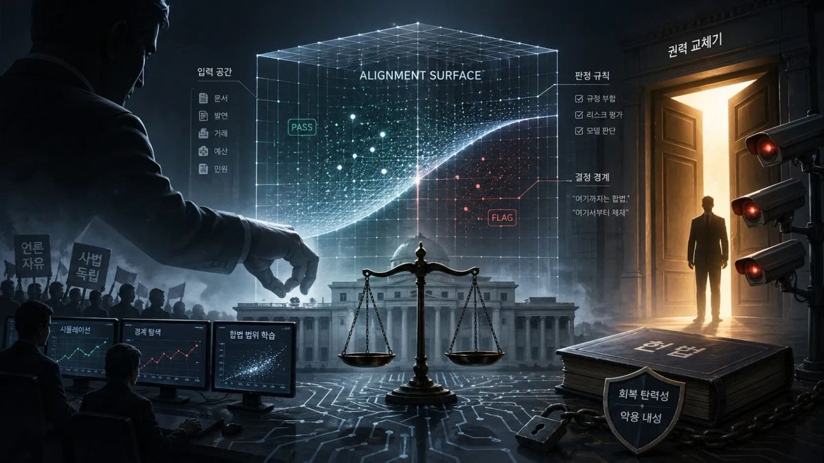 AI 행정 시스템의 정렬 표면을 중심으로 법전, 감시 카메라, 권력 교체의 문, 사법의 저울, 시민 시위가 함께 배치된 16:9 비율의 디지털 거버넌스 콘셉트 이미지.
