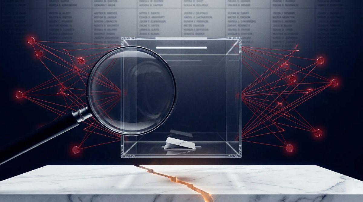 어두운 남색 배경에 텅 빈 투명 투표함을 붉은 실 네트워크가 감싸고, 거대한 돋보기가 그 비어 있음을 확대하며, 아래쪽 흰 대리석에 균열이 빛나는 추상 구성