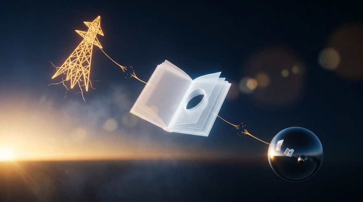 어두운 공간에서 빛나는 격자형 구조물, 중심이 뚫린 반투명 법전, 두 사물을 축소 반사하는 구형 거울이 끊어진 금실로 연결된 추상 구성