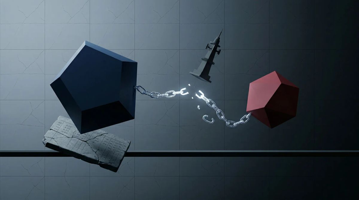 크고 진한 남색의 오각형(미국)과 작은 진홍색 육각형(한국)이 체인 형태의 빛나는 선으로 연결되어 있으나 중앙에서 파단 중이다. 미사일 방어 포탑 실루엣이 작은 도형에서 이탈하고 있으며, 배경에는 동일한 균열 패턴이 반복된다.