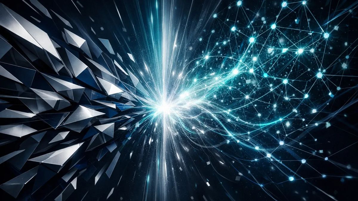 Abstract futuristic illustration of two contrasting geometric systems—sharp metallic shards and a glowing neural networkr.
