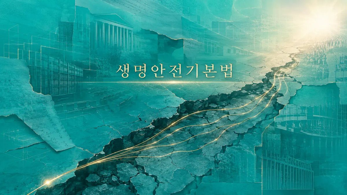 균열된 법 문서와 콘크리트 사이로 얇은 황금 실이 뻗어가고, 중앙에 생명안전기본법이라는 글자가 새겨진 추상적 법철학 이미지.