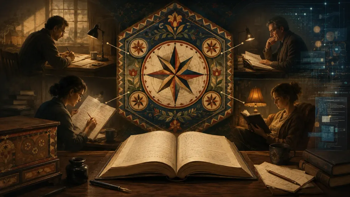 제임스 A. 미치너의 『The Novel』을 모티프로 한 16:9 일러스트. 중앙에는 펜실베이니아 더치 헥스 사인을 닮은 별 모양 문양과 펼쳐진 책이 있고, 주변에는 작가, 편집자, 비평가, 독자가 각각 원고를 쓰고 고치고 평가하고 읽는 장면이 배치되어 있다. 오른쪽에는 AI 시대를 암시하는 희미한 디지털 인터페이스가 보인다.