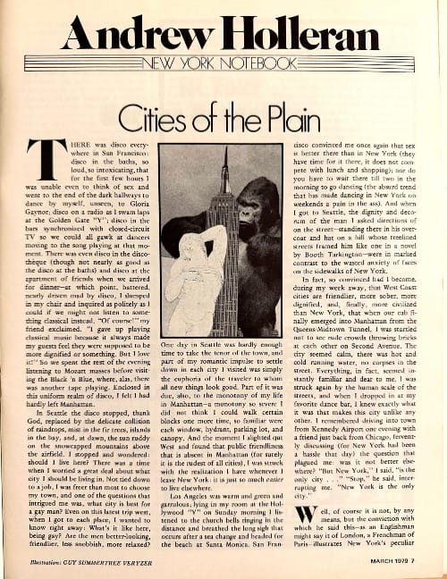 Andrew Holleran, "Cities of the Plain," from the March 1979 issue of Christopher Street magazine.