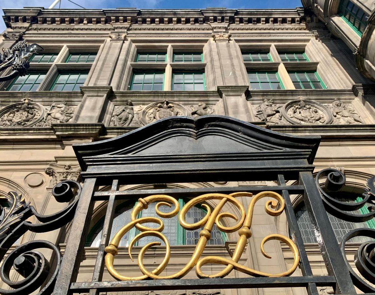 Gold letters, EPL, on gates of Edinburgh Central Libray.  
