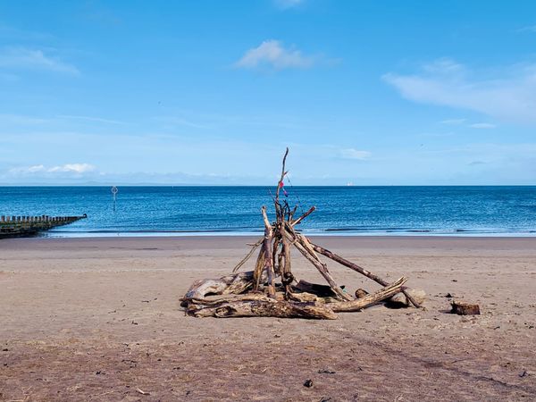 Sticks on Portobello beach with sand, sunshine and blue sky. 