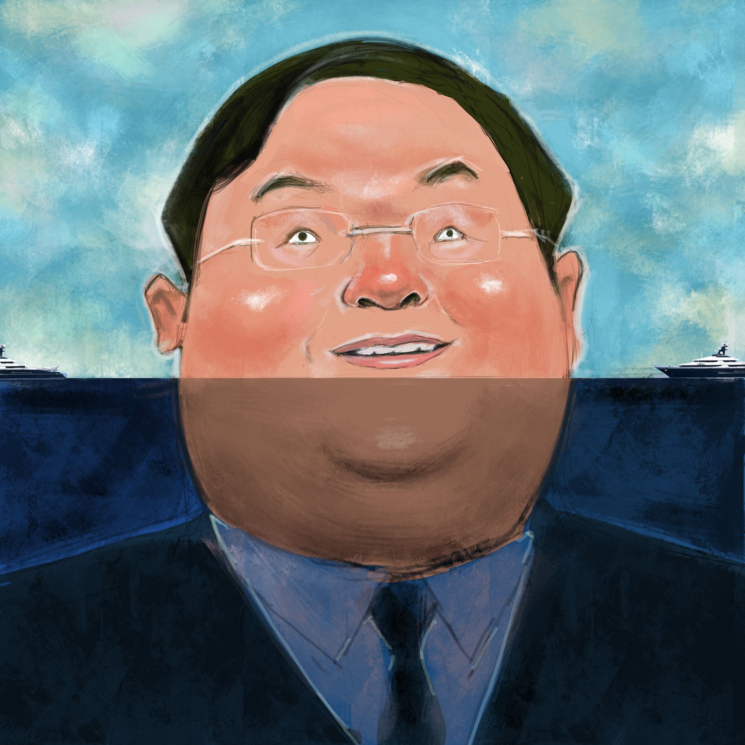 Jho Low illustrated half-submerged in blue water, with yachts on the horizon.