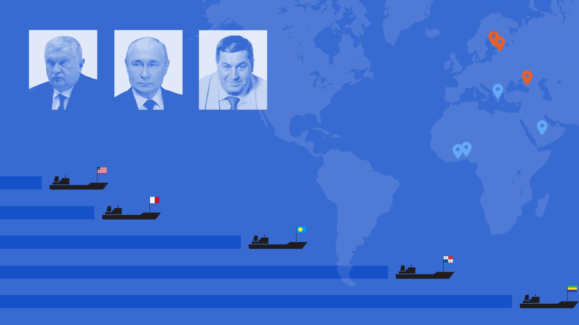 Blue Mystery Ships illustration showing portraits, a world map and oil tankers beneath different national flags.