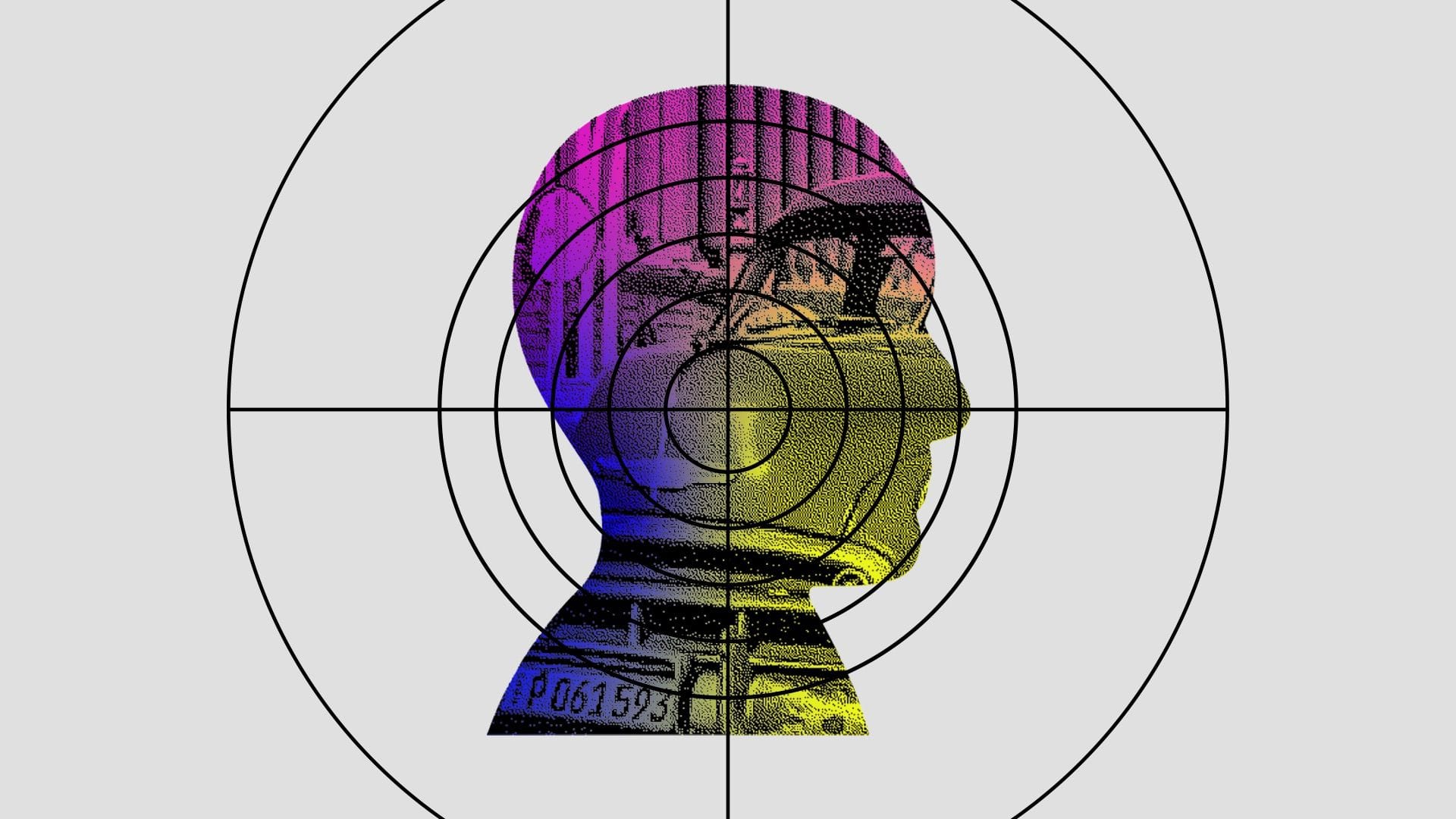 Illustrated human profile in purple and yellow overlaid with concentric targeting rings.